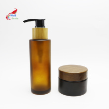 amber glass bottle with dark brown bamboo pump cap for shampoo lotion facial cleanser cosmetic BJ-234B